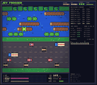 A retro Frogger board. The frog hops across a road and a river while a panel on the right lists each decision with its probability.